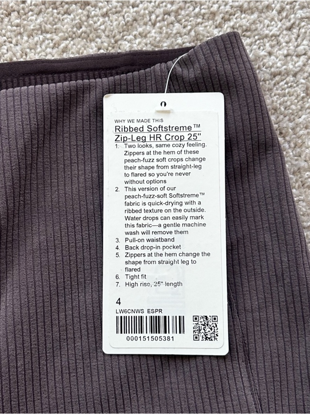 New Lululemon Ribbed Softstreme Zip-Leg HR Crop 25" Espresso Size 4 NWT - Picture 9 of 12